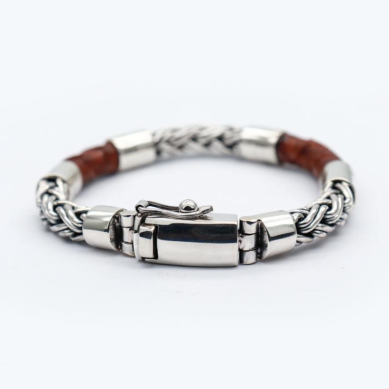 Bali 925 Silver Leather Bracelet For Men - Vivaaz Gems