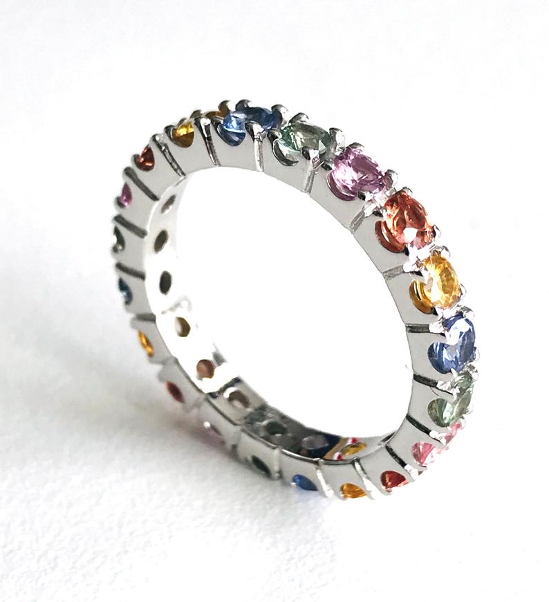 Ladies 925 Solid Silver Brilliant Cut 14 Stone Pink Sapphire Half Eternity Ring 
